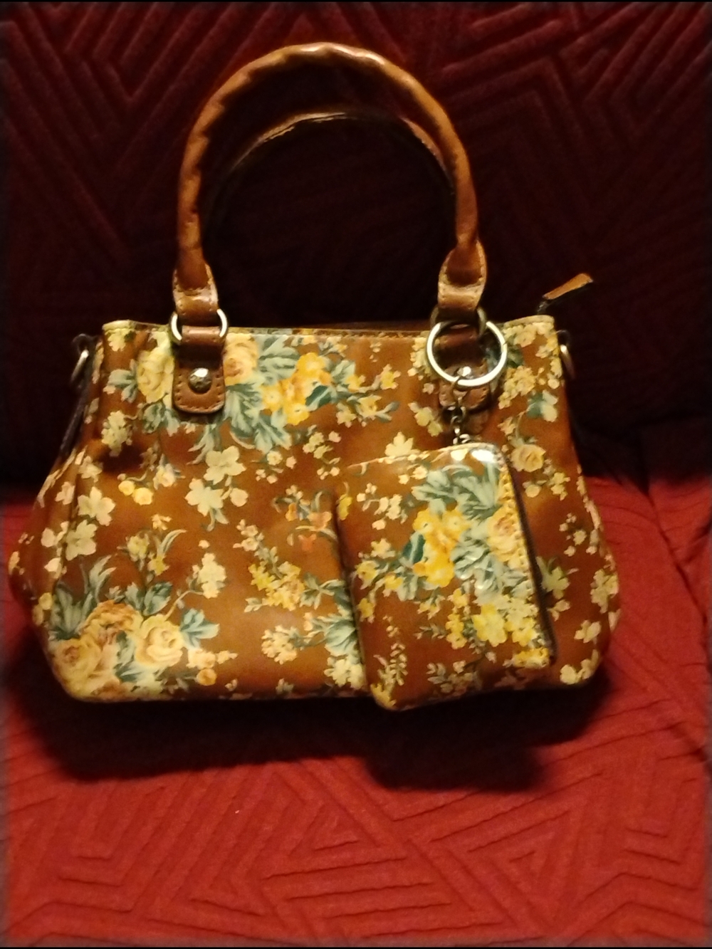 Patricia Nash Brown Floral Satchel with Matching Pouch NwOT